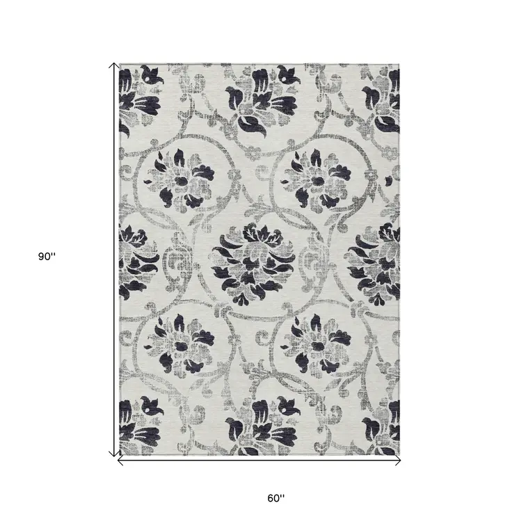 5' X 8' Black Silver And Charcoal Floral Washable Indoor Outdoor Area Rug
