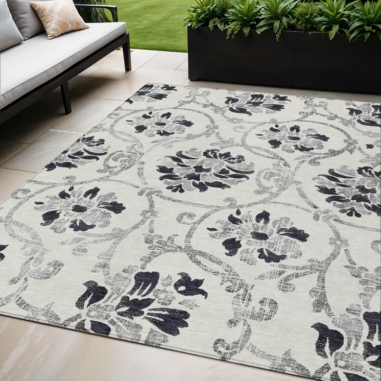 5' X 8' Black Silver And Charcoal Floral Washable Indoor Outdoor Area Rug