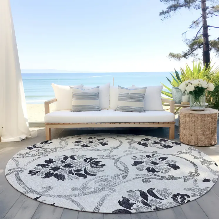 8' Black Silver And Charcoal Round Floral Washable Indoor Outdoor Area Rug