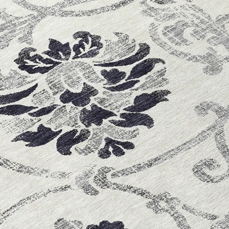 8' Black Silver And Charcoal Round Floral Washable Indoor Outdoor Area Rug