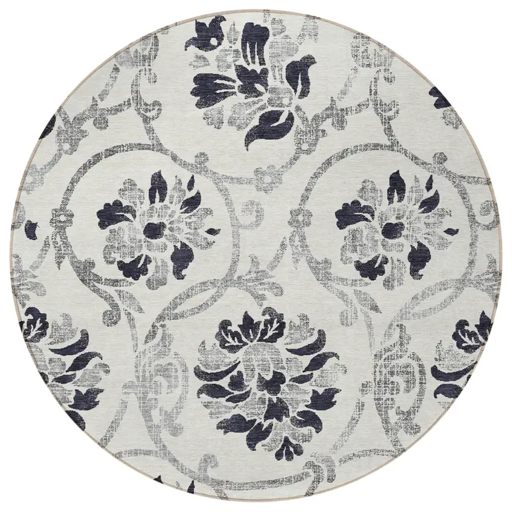 8' Black Silver And Charcoal Round Floral Washable Indoor Outdoor Area Rug