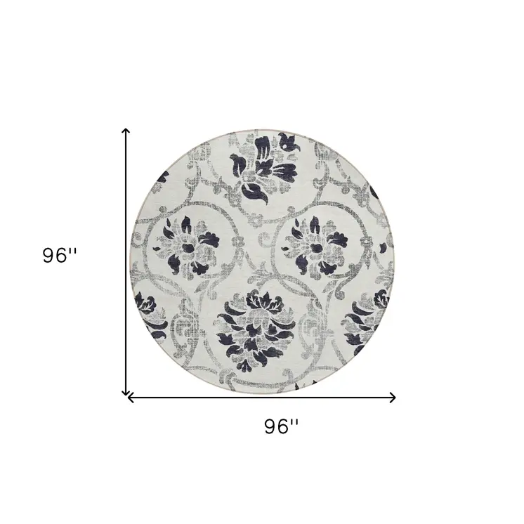 8' Black Silver And Charcoal Round Floral Washable Indoor Outdoor Area Rug