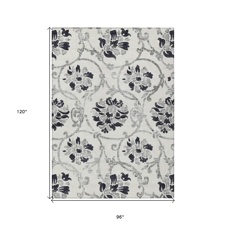 8' X 10' Black Silver And Charcoal Floral Washable Indoor Outdoor Area Rug