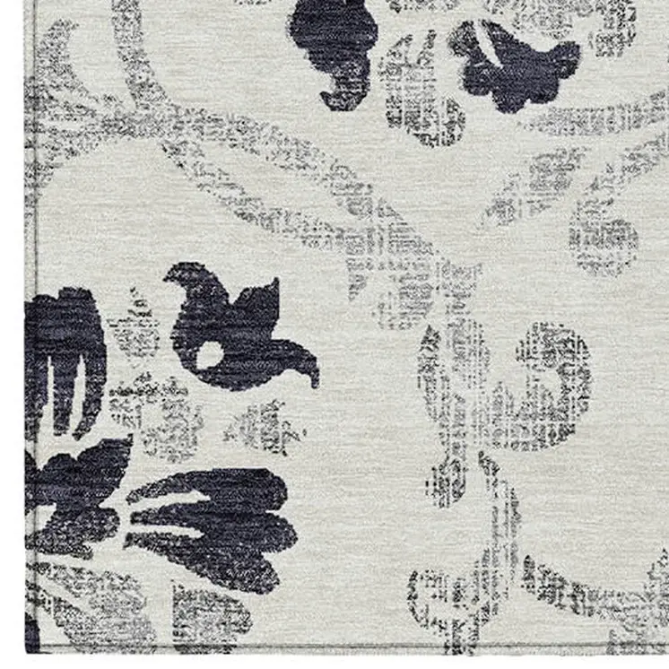 10' X 14' Black Silver And Charcoal Floral Washable Indoor Outdoor Area Rug