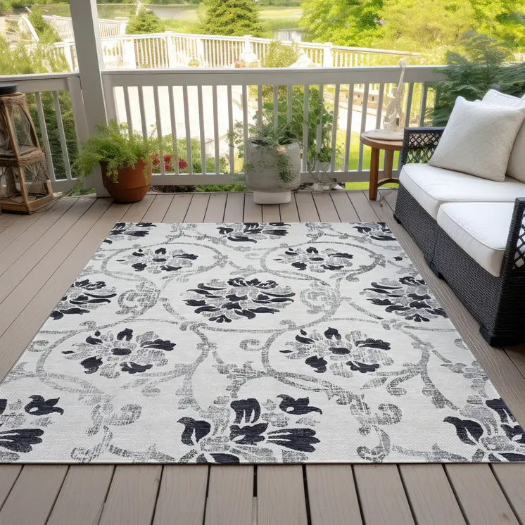 10' X 14' Black Silver And Charcoal Floral Washable Indoor Outdoor Area Rug