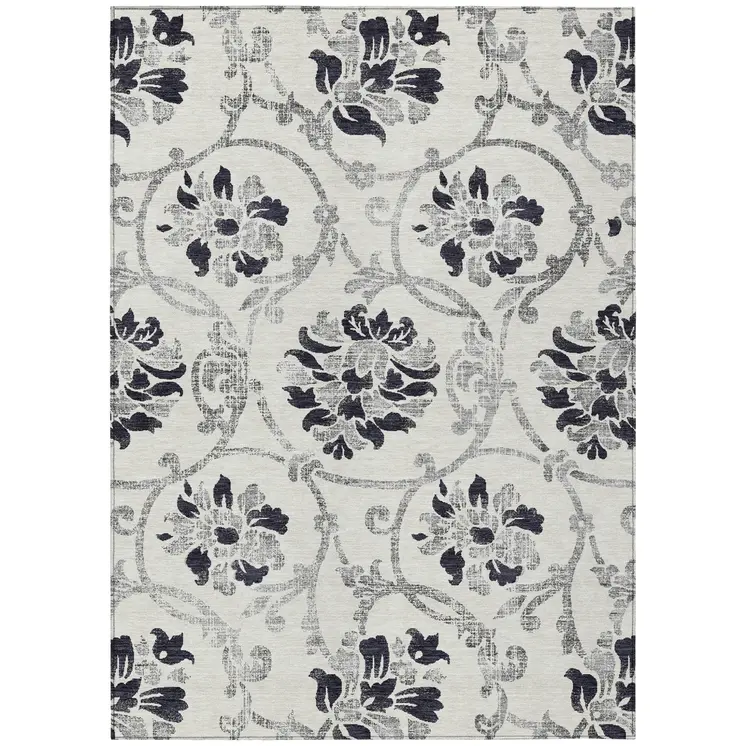 10' X 14' Black Silver And Charcoal Floral Washable Indoor Outdoor Area Rug