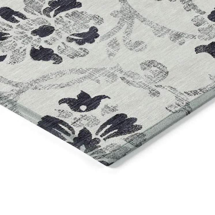 10' X 14' Black Silver And Charcoal Floral Washable Indoor Outdoor Area Rug