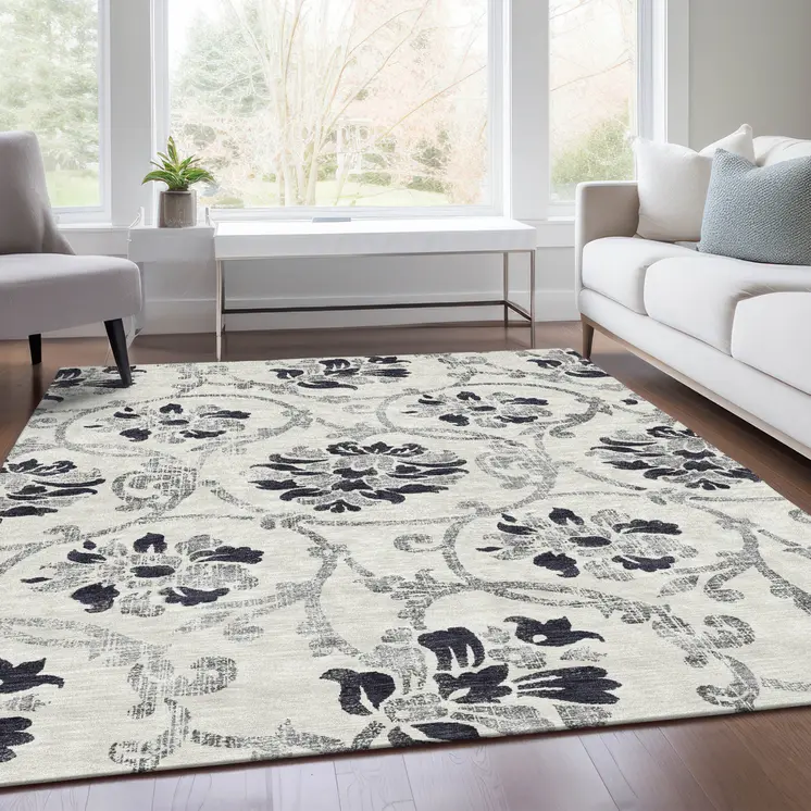 10' X 14' Black Silver And Charcoal Floral Washable Indoor Outdoor Area Rug