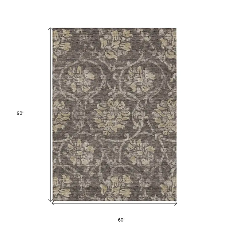 5' X 8' Brown Beige And Taupe Floral Washable Indoor Outdoor Area Rug