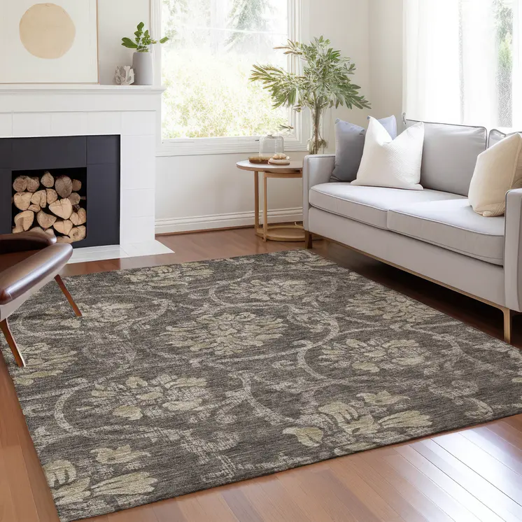 5' X 8' Brown Beige And Taupe Floral Washable Indoor Outdoor Area Rug