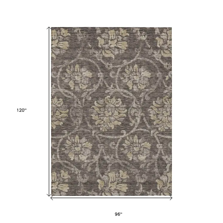 8' X 10' Brown Beige And Taupe Floral Washable Indoor Outdoor Area Rug