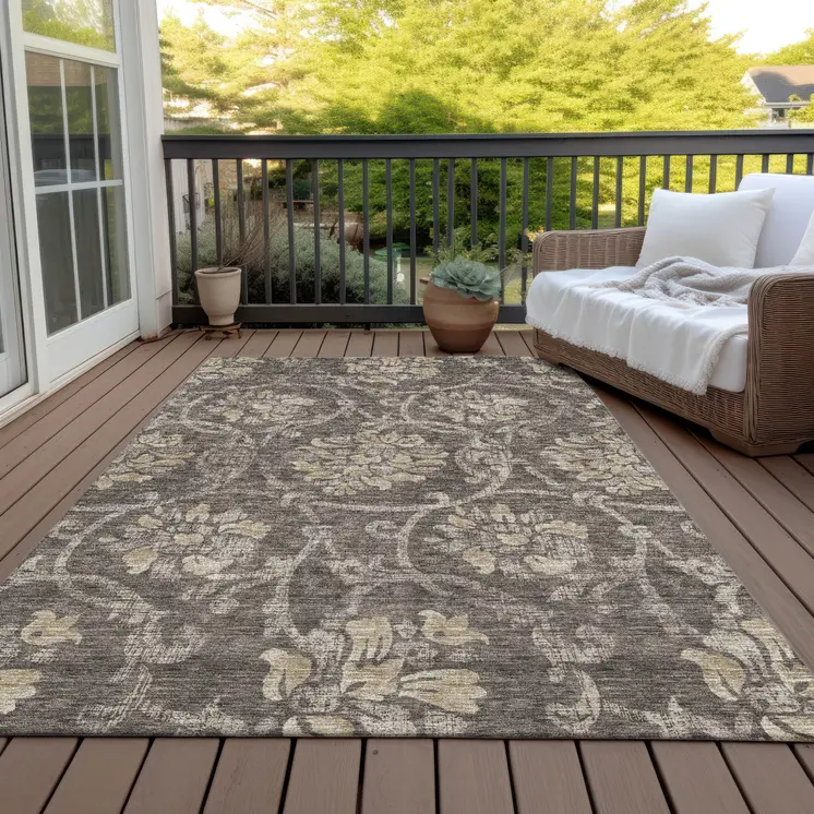 9' X 12' Brown Beige And Taupe Floral Washable Indoor Outdoor Area Rug