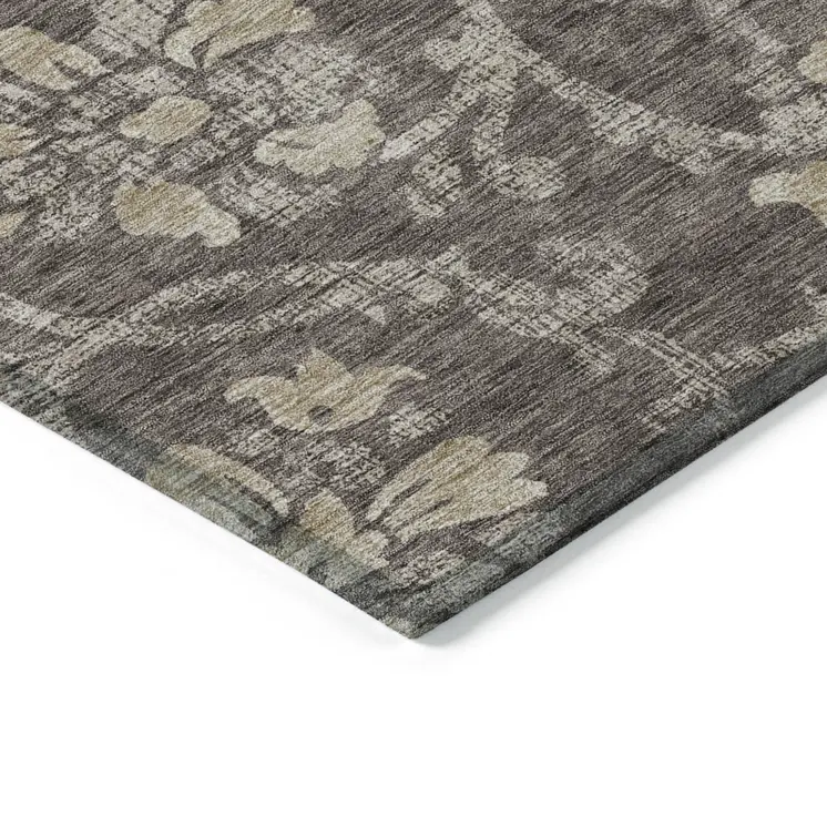 9' X 12' Brown Beige And Taupe Floral Washable Indoor Outdoor Area Rug