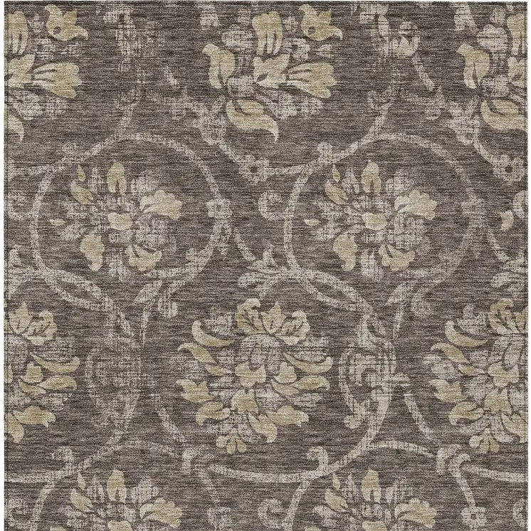 10' X 14' Brown Beige And Taupe Floral Washable Indoor Outdoor Area Rug