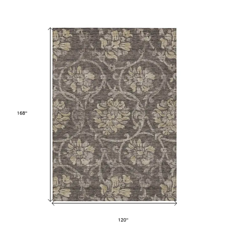 10' X 14' Brown Beige And Taupe Floral Washable Indoor Outdoor Area Rug