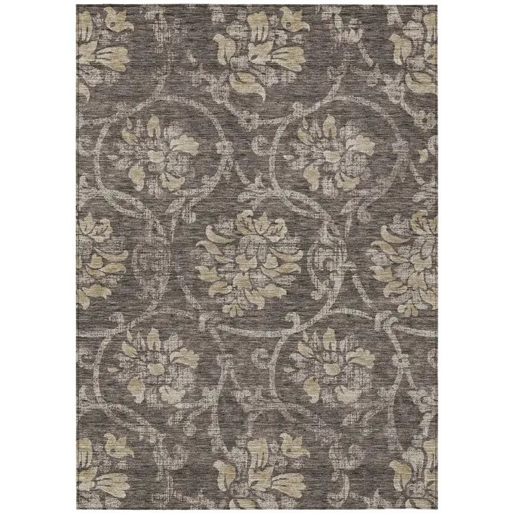 10' X 14' Brown Beige And Taupe Floral Washable Indoor Outdoor Area Rug