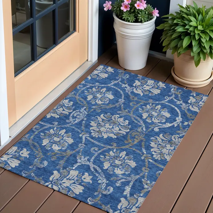 3' X 5' Navy Blue And Silver Floral Washable Indoor Outdoor Area Rug