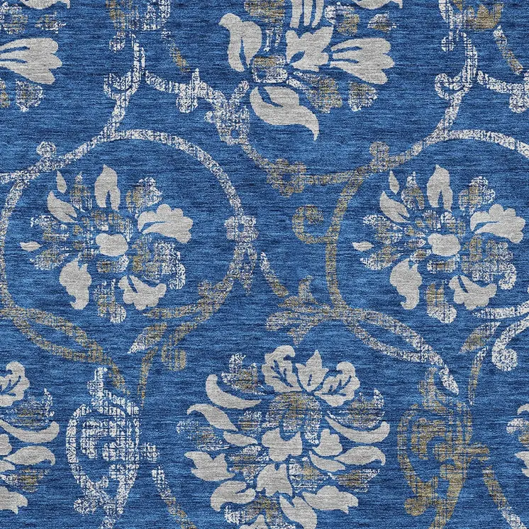 3' X 5' Navy Blue And Silver Floral Washable Indoor Outdoor Area Rug