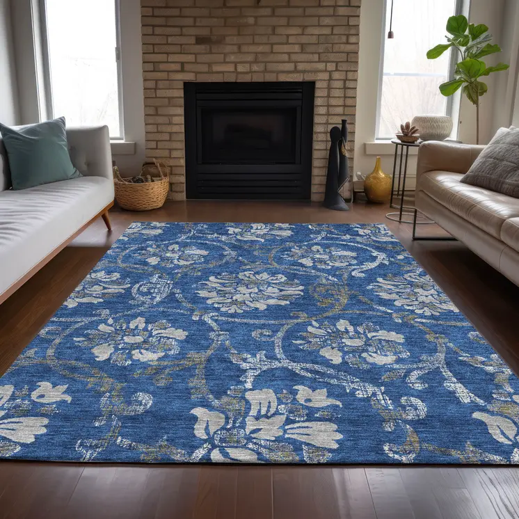 3' X 5' Navy Blue And Silver Floral Washable Indoor Outdoor Area Rug
