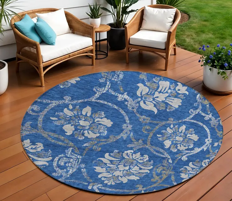 8' Navy Blue And Silver Round Floral Washable Indoor Outdoor Area Rug
