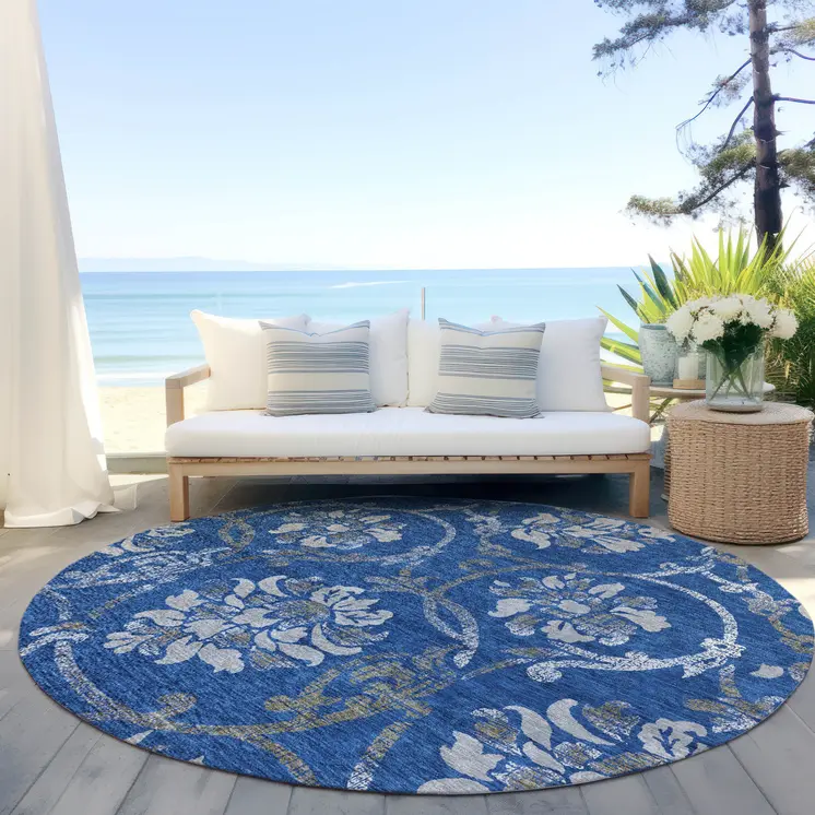 8' Navy Blue And Silver Round Floral Washable Indoor Outdoor Area Rug