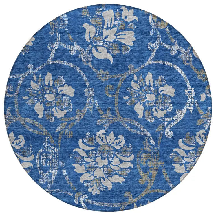 8' Navy Blue And Silver Round Floral Washable Indoor Outdoor Area Rug