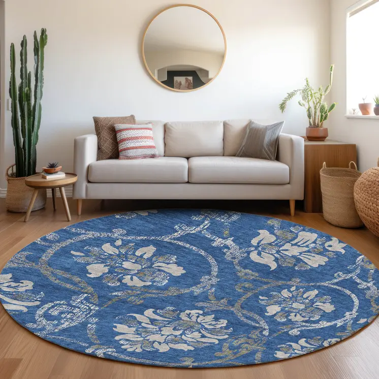 8' Navy Blue And Silver Round Floral Washable Indoor Outdoor Area Rug