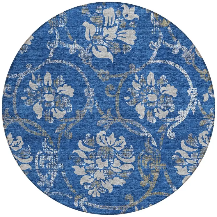8' Navy Blue And Silver Round Floral Washable Indoor Outdoor Area Rug