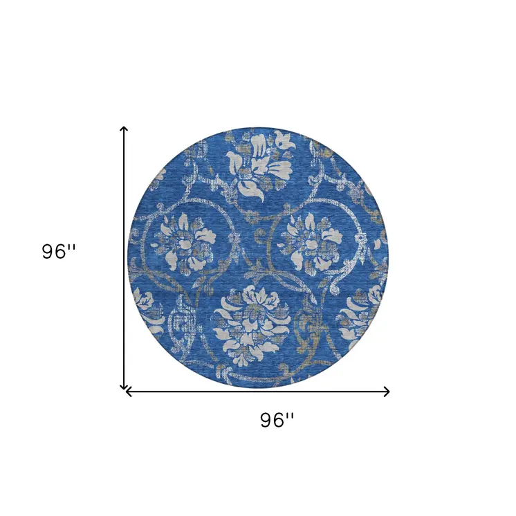8' Navy Blue And Silver Round Floral Washable Indoor Outdoor Area Rug