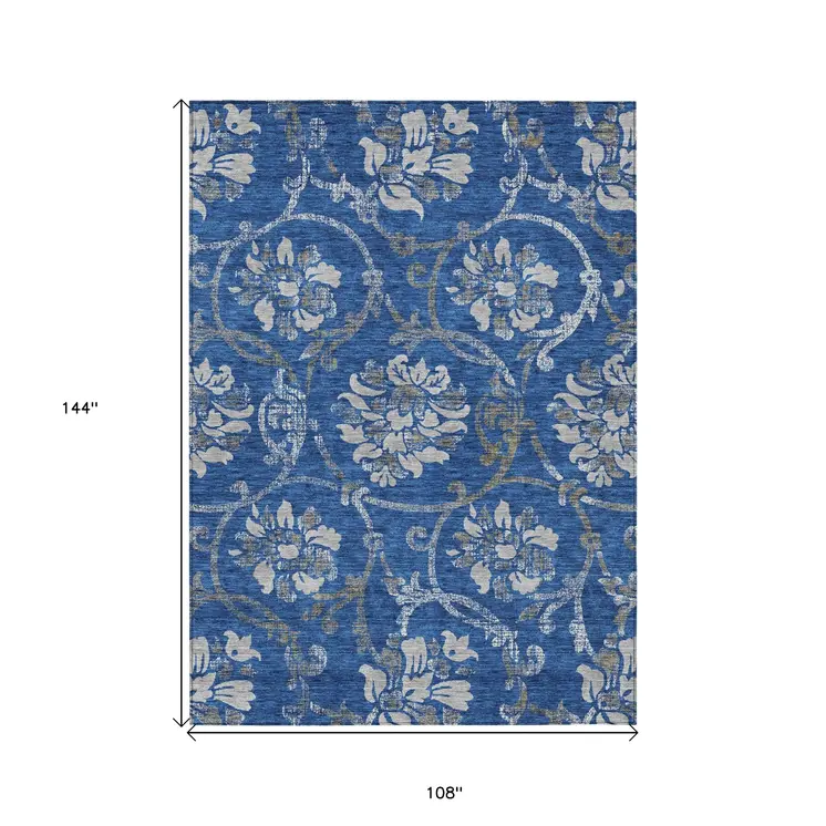 9' X 12' Navy Blue And Silver Floral Washable Indoor Outdoor Area Rug