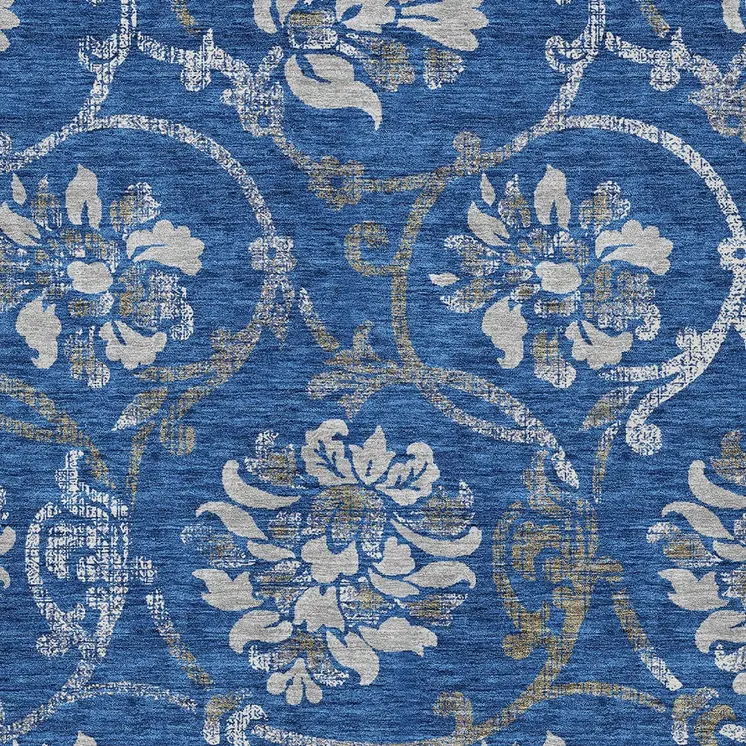 9' X 12' Navy Blue And Silver Floral Washable Indoor Outdoor Area Rug