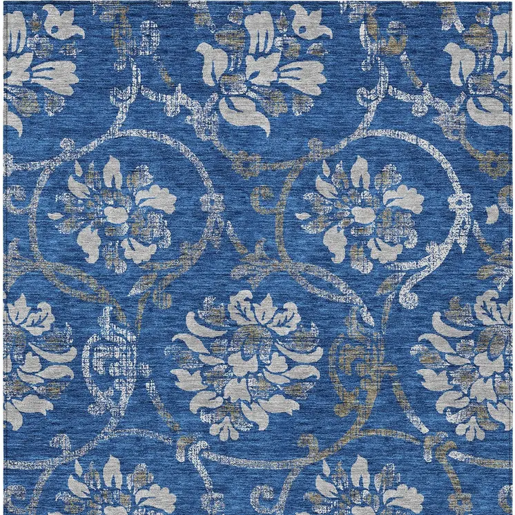 10' X 14' Navy Blue And Silver Floral Washable Indoor Outdoor Area Rug
