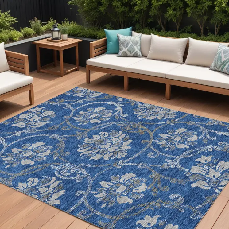 10' X 14' Navy Blue And Silver Floral Washable Indoor Outdoor Area Rug