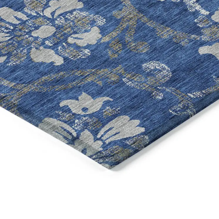 10' X 14' Navy Blue And Silver Floral Washable Indoor Outdoor Area Rug