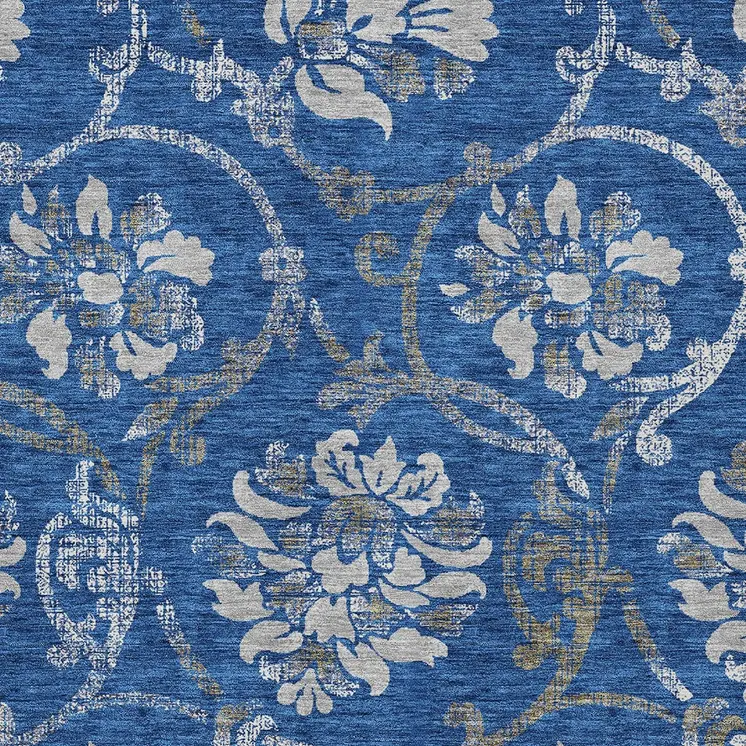10' X 14' Navy Blue And Silver Floral Washable Indoor Outdoor Area Rug