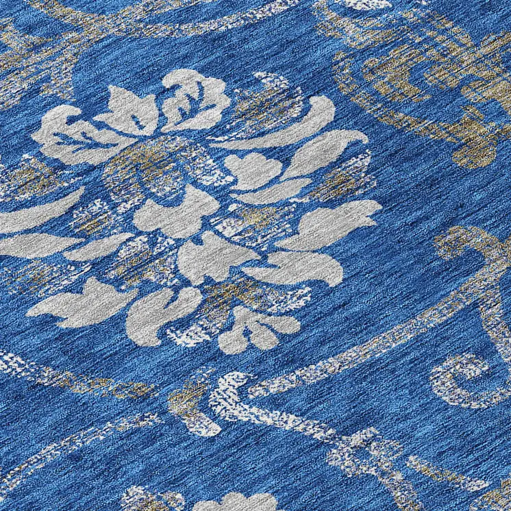 10' X 14' Navy Blue And Silver Floral Washable Indoor Outdoor Area Rug