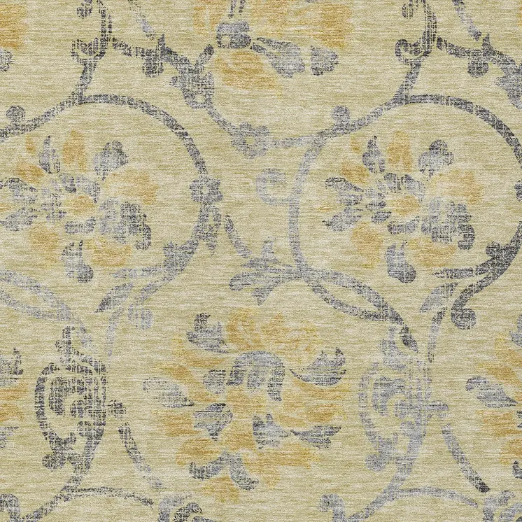 3' X 5' Gold Gray And Charcoal Floral Washable Indoor Outdoor Area Rug