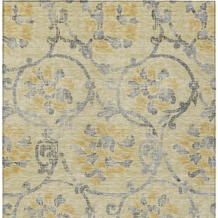 5' X 8' Gold Gray And Charcoal Floral Washable Indoor Outdoor Area Rug