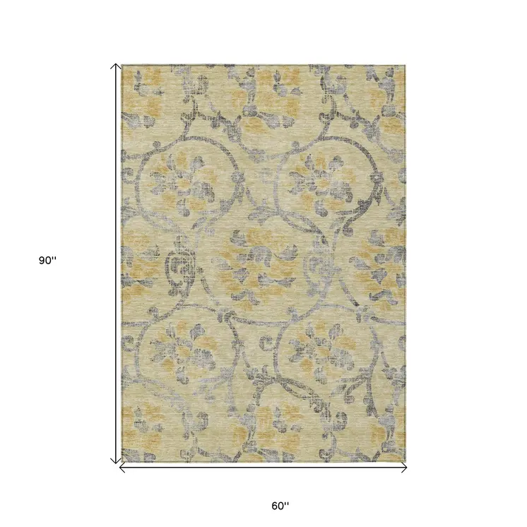 5' X 8' Gold Gray And Charcoal Floral Washable Indoor Outdoor Area Rug