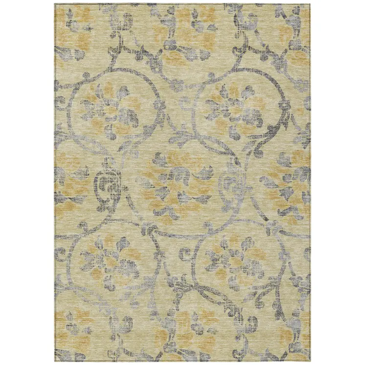 5' X 8' Gold Gray And Charcoal Floral Washable Indoor Outdoor Area Rug