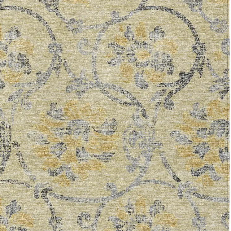 5' X 8' Gold Gray And Charcoal Floral Washable Indoor Outdoor Area Rug