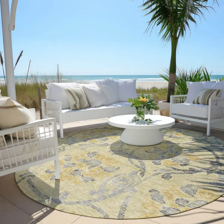 8' Gold Gray And Charcoal Round Floral Washable Indoor Outdoor Area Rug