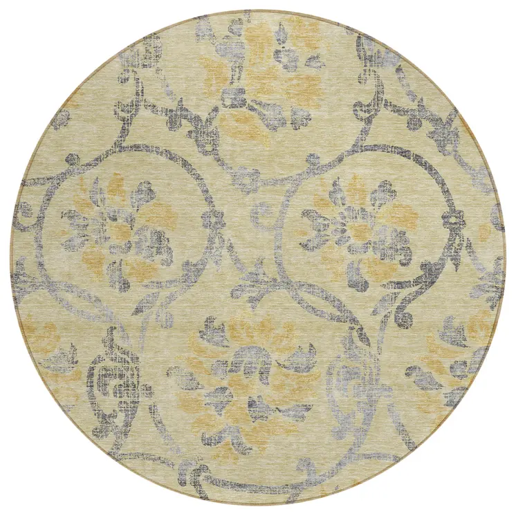 8' Gold Gray And Charcoal Round Floral Washable Indoor Outdoor Area Rug