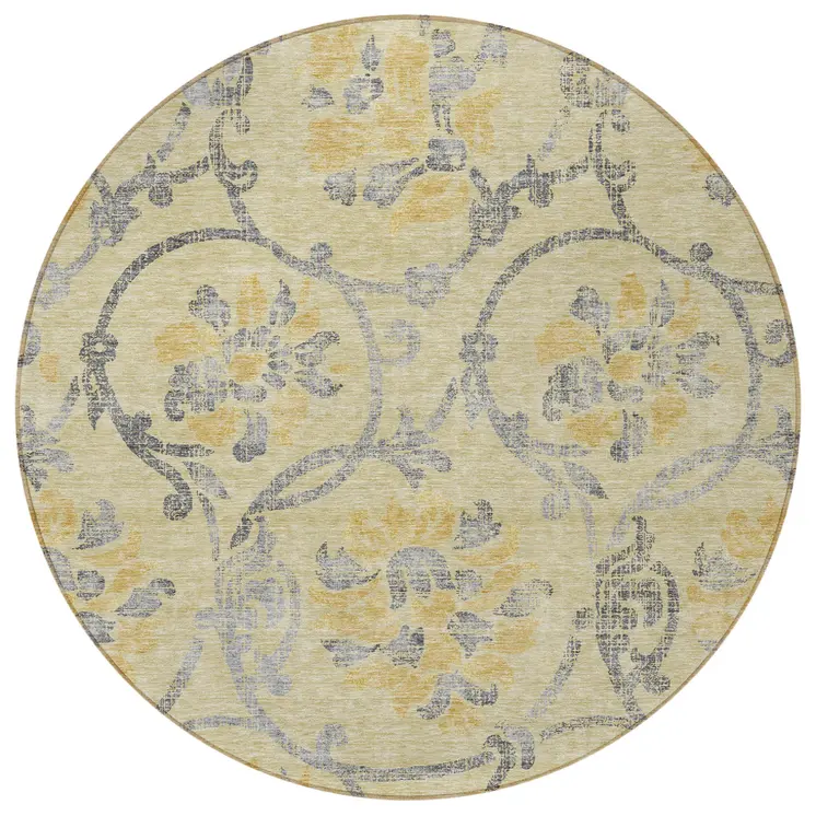 8' Gold Gray And Charcoal Round Floral Washable Indoor Outdoor Area Rug
