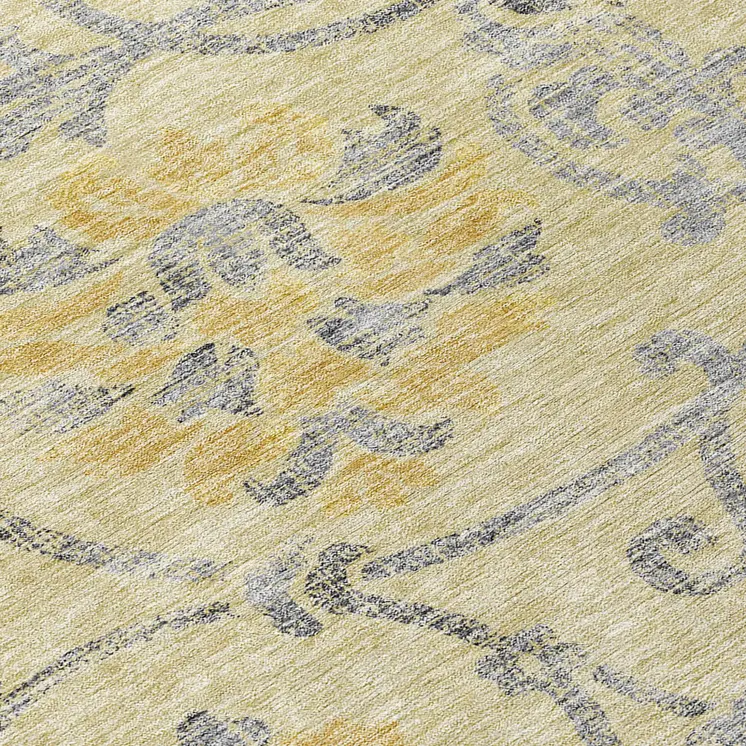 8' Gold Gray And Charcoal Round Floral Washable Indoor Outdoor Area Rug