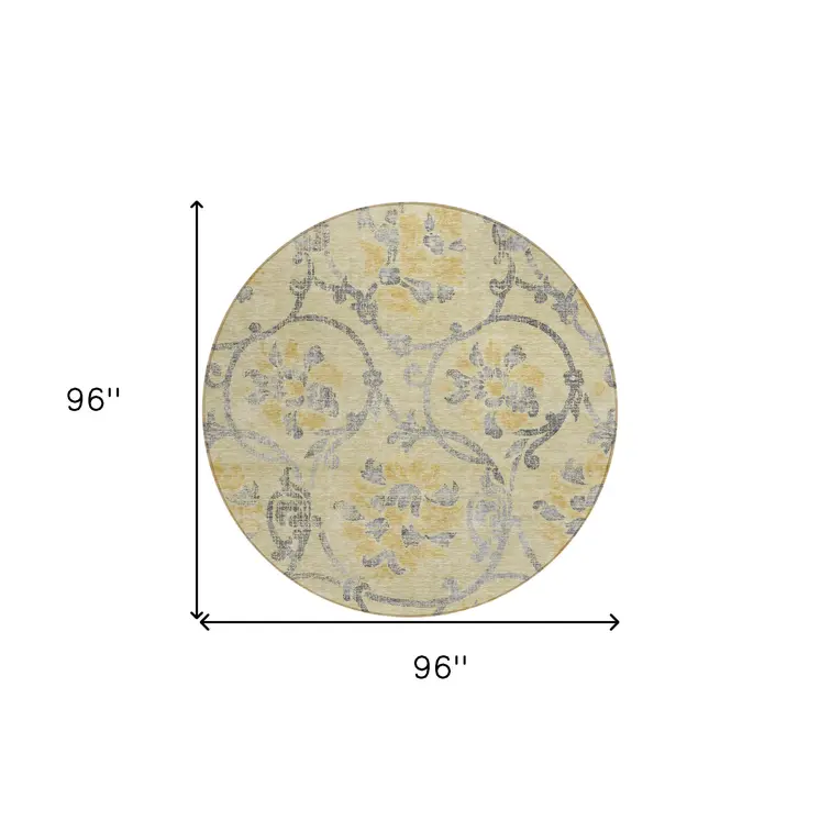 8' Gold Gray And Charcoal Round Floral Washable Indoor Outdoor Area Rug