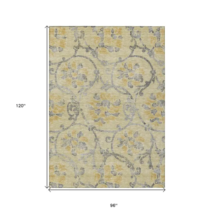 8' X 10' Gold Gray And Charcoal Floral Washable Indoor Outdoor Area Rug