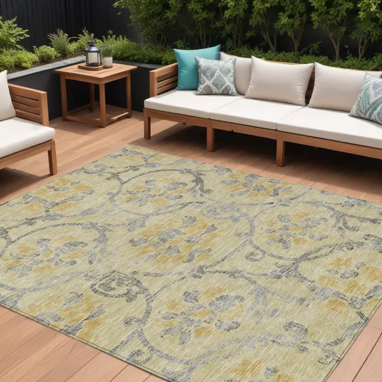 8' X 10' Gold Gray And Charcoal Floral Washable Indoor Outdoor Area Rug