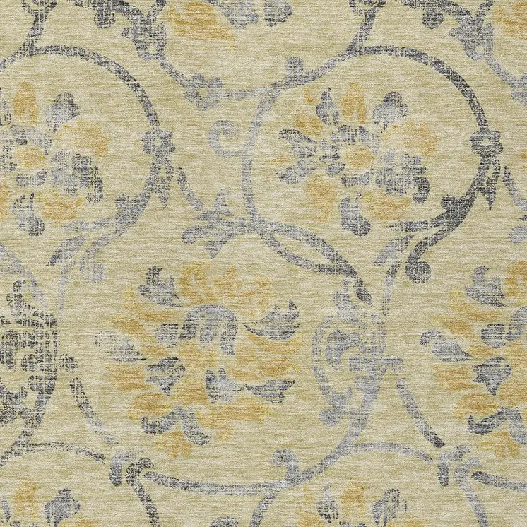 8' X 10' Gold Gray And Charcoal Floral Washable Indoor Outdoor Area Rug