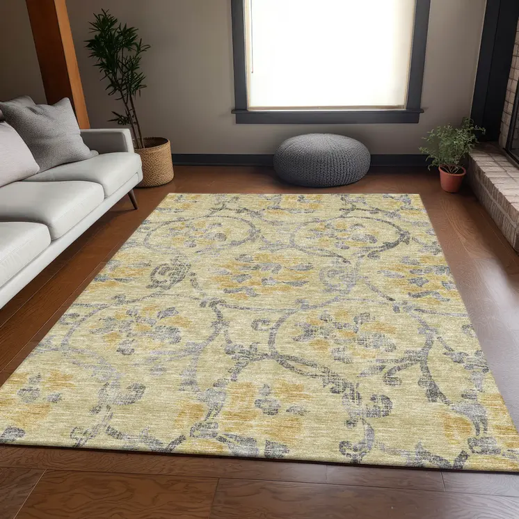 8' X 10' Gold Gray And Charcoal Floral Washable Indoor Outdoor Area Rug